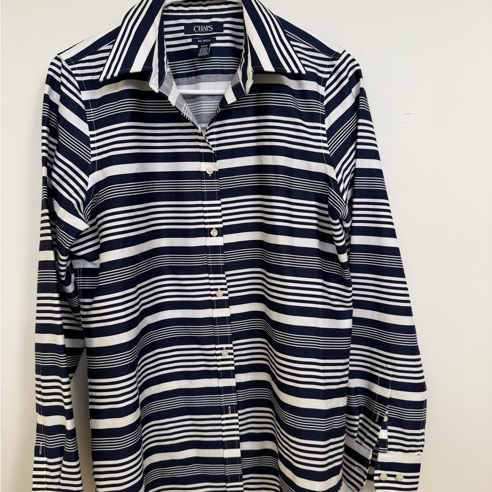 Chaps no iron women’s  Navy and White Striped Button Down Shirt